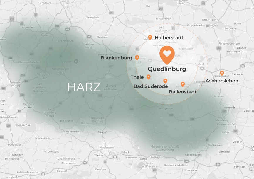 Karte des Einsatzgebiets rund um Quedlinburg mit Halberstadt, Blankenburg, Thale, Bad Suderode, Ballenstedt und Aschersleben