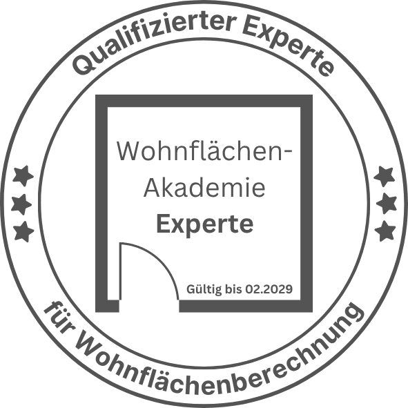Siegel: Qualifizierter Experte für Wohnflächenberechnung der Wohnflächen-Akademie, gültig bis 02/2029